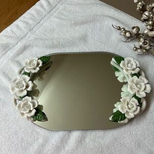 Floral Mirror Tray with White Roses